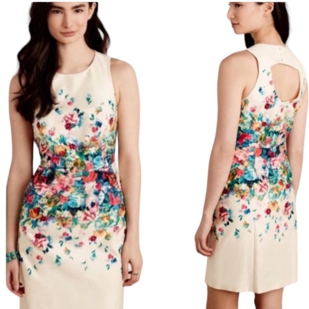 Anthropologie Cream Floral-Print Sleeveless Sheath Dress